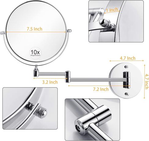 مرآة مكياج مثبتة على الحائط من KEDSUM، مرآة مكبرة 1X /10X، مرآة مكياج مكبرة مزدوجة الجوانب مقاس 8 بوصات مع 3 ألوان قابلة للتعتيم، مرآة مكياج حمام قابلة للتمديد مع حامل على الحائط، كروم in Kuwait