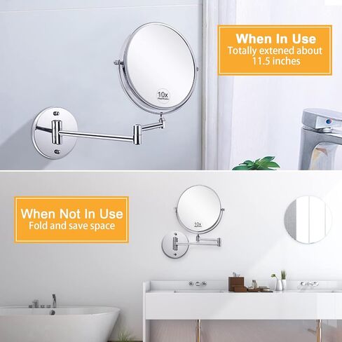 مرآة مكياج مثبتة على الحائط من KEDSUM، مرآة مكبرة 1X /10X، مرآة مكياج مكبرة مزدوجة الجوانب مقاس 8 بوصات مع 3 ألوان قابلة للتعتيم، مرآة مكياج حمام قابلة للتمديد مع حامل على الحائط، كروم in Kuwait