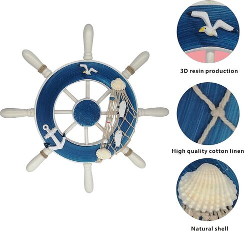 13" Nautical Decor Nautical Boat Steering Beach Wooden Ship Wheel Rudder Wall Decor Door Hanging Ornament Beach Theme Home Decor Fishing Net Shell Home Wall Decor White in Saudi Arabia