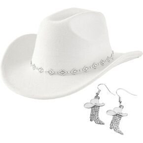 Cowboy Hats for Women with Boots Earrings - Western Cowgirl Hat Rhinestone Wide Brim Cow Girl Hat Rodeo Outfit for Women in Kuwait