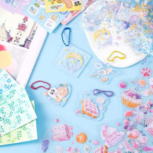 5 Kpop Photocard Holder Keychains Toploaders, 16 Sheets holographic Seastar Strawberry Cake Ribbon Bead Deco Korean Stickers for Album Binder Scrapbooking Top Loader in Saudi Arabia