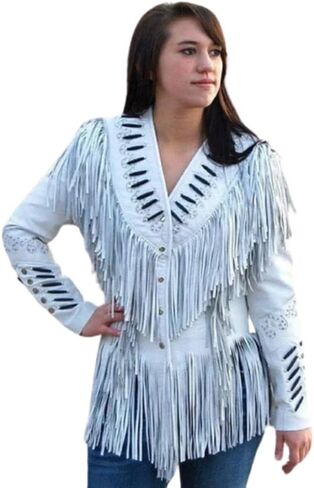 Western Genuine Cowhide Leather Jacket Women Cow-lady Native American Beaded & Fringe Cowgirl Jacket Tassels in Saudi Arabia