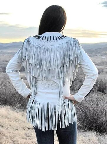 Western Genuine Cowhide Leather Jacket Women Cow-lady Native American Beaded & Fringe Cowgirl Jacket Tassels in Saudi Arabia