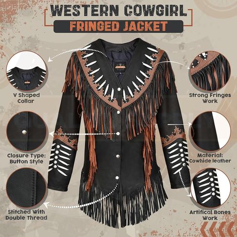 Western Genuine Cowhide Leather Jacket Women Cow-lady Native American Beaded & Fringe Cowgirl Jacket Tassels in Saudi Arabia