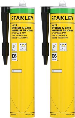 Stanley Premium Kitchen & Bathroom, 1x10.1 fl.oz. White, 100% Silicone Caulk - Low Odor, UV Protection, 100% Waterproof Sealant and Adhesive for Kitchen and Bathroom, Window & Door and Glazing, 1 Pack in Kuwait