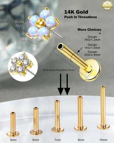 Jewseen 14k الذهب الذهب Top Top Flower Flat Back Stud Top 16g 18g 20g arics arrings Nate Lip Percing Jewelry for Women Men (Top فقط) in Saudi Arabia