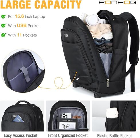 حقيبة ظهر متدحرجة - حقيبة ظهر للكمبيوتر المحمول مقاس 17 بوصة مع عجلات معتمدة للسفر وحقائب ظهر من النايلون 1680D قابلة للإزالة للرجال والنساء مناسبة للسفر والعمل والكلية التجارية in Kuwait