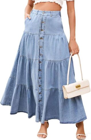 loveimgs Women Western Elastic High Waisted A Line Long Denim Skirt Button Ruffle Tiered Jean Maxi Skirt Patchwork Pocket Y2k in Saudi Arabia