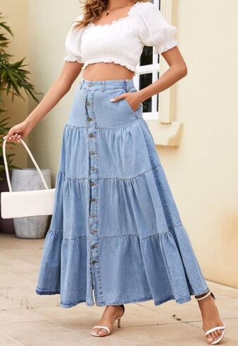 loveimgs Women Western Elastic High Waisted A Line Long Denim Skirt Button Ruffle Tiered Jean Maxi Skirt Patchwork Pocket Y2k in Saudi Arabia