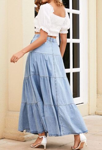 loveimgs Women Western Elastic High Waisted A Line Long Denim Skirt Button Ruffle Tiered Jean Maxi Skirt Patchwork Pocket Y2k in Saudi Arabia