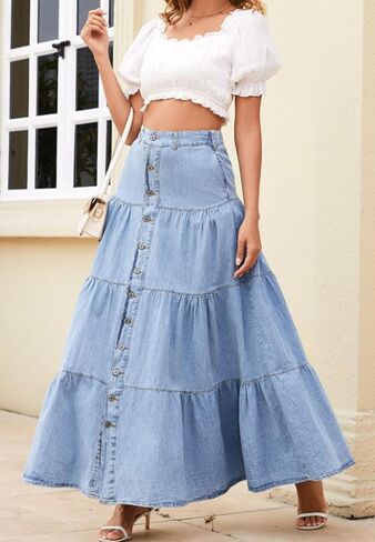 loveimgs Women Western Elastic High Waisted A Line Long Denim Skirt Button Ruffle Tiered Jean Maxi Skirt Patchwork Pocket Y2k in Saudi Arabia