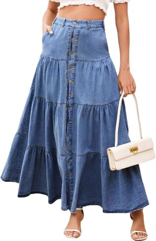 loveimgs Women Western Elastic High Waisted A Line Long Denim Skirt Button Ruffle Tiered Jean Maxi Skirt Patchwork Pocket Y2k in Saudi Arabia