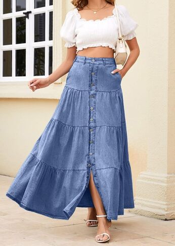 loveimgs Women Western Elastic High Waisted A Line Long Denim Skirt Button Ruffle Tiered Jean Maxi Skirt Patchwork Pocket Y2k in Saudi Arabia