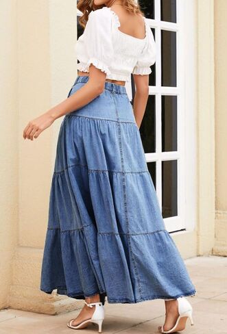 loveimgs Women Western Elastic High Waisted A Line Long Denim Skirt Button Ruffle Tiered Jean Maxi Skirt Patchwork Pocket Y2k in Saudi Arabia