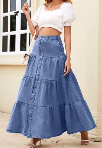 loveimgs Women Western Elastic High Waisted A Line Long Denim Skirt Button Ruffle Tiered Jean Maxi Skirt Patchwork Pocket Y2k in Saudi Arabia
