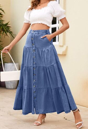 loveimgs Women Western Elastic High Waisted A Line Long Denim Skirt Button Ruffle Tiered Jean Maxi Skirt Patchwork Pocket Y2k in Saudi Arabia