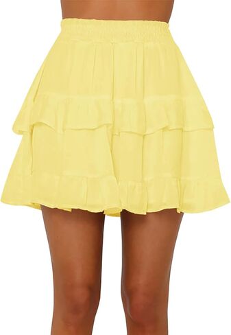 Women's Tiered Ruffles Flared Mini Skirt Casual Boho Flowy Pleated Swing Beach Stretchy High Waisted Mini Skirt in Kuwait