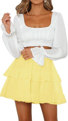 Women's Tiered Ruffles Flared Mini Skirt Casual Boho Flowy Pleated Swing Beach Stretchy High Waisted Mini Skirt in Kuwait