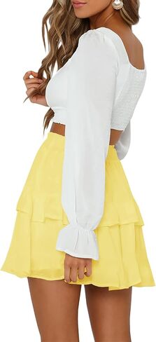Women's Tiered Ruffles Flared Mini Skirt Casual Boho Flowy Pleated Swing Beach Stretchy High Waisted Mini Skirt in Kuwait
