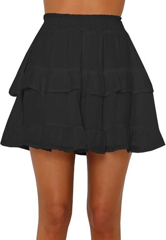 Women's Tiered Ruffles Flared Mini Skirt Casual Boho Flowy Pleated Swing Beach Stretchy High Waisted Mini Skirt in Kuwait