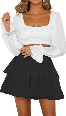 Women's Tiered Ruffles Flared Mini Skirt Casual Boho Flowy Pleated Swing Beach Stretchy High Waisted Mini Skirt in Kuwait