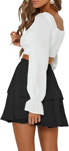 Women's Tiered Ruffles Flared Mini Skirt Casual Boho Flowy Pleated Swing Beach Stretchy High Waisted Mini Skirt in Kuwait