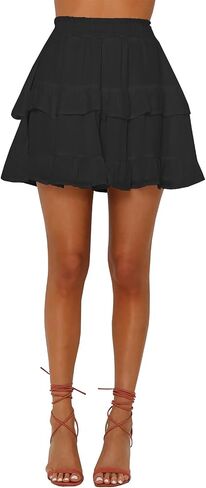 Women's Tiered Ruffles Flared Mini Skirt Casual Boho Flowy Pleated Swing Beach Stretchy High Waisted Mini Skirt in Kuwait