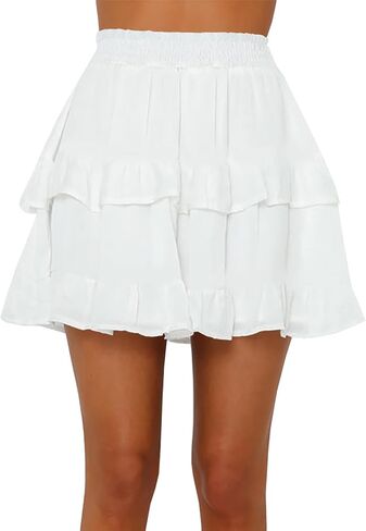 Women's Tiered Ruffles Flared Mini Skirt Casual Boho Flowy Pleated Swing Beach Stretchy High Waisted Mini Skirt in Kuwait