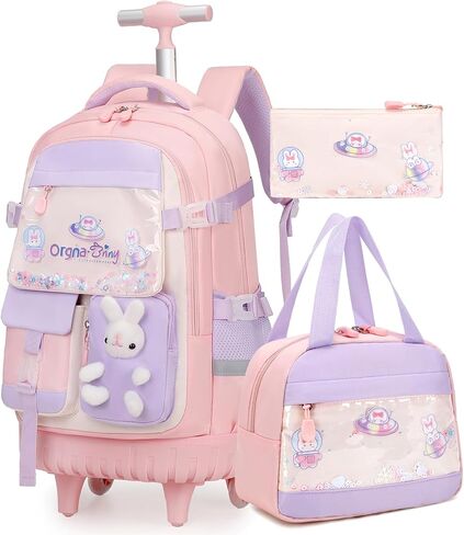 حقائب الظهر المتداول للفتيات ، حقائب الظهر Kawaii Bunny Roller Wheels مع علبة قلم رصاص حقيبة الغداء ، حقيبة الكتب ذات العجلات للسفر الابتدائية Aquamarine in Kuwait