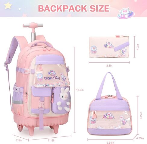 حقائب الظهر المتداول للفتيات ، حقائب الظهر Kawaii Bunny Roller Wheels مع علبة قلم رصاص حقيبة الغداء ، حقيبة الكتب ذات العجلات للسفر الابتدائية Aquamarine in Kuwait
