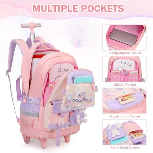 حقائب الظهر المتداول للفتيات ، حقائب الظهر Kawaii Bunny Roller Wheels مع علبة قلم رصاص حقيبة الغداء ، حقيبة الكتب ذات العجلات للسفر الابتدائية Aquamarine in Kuwait