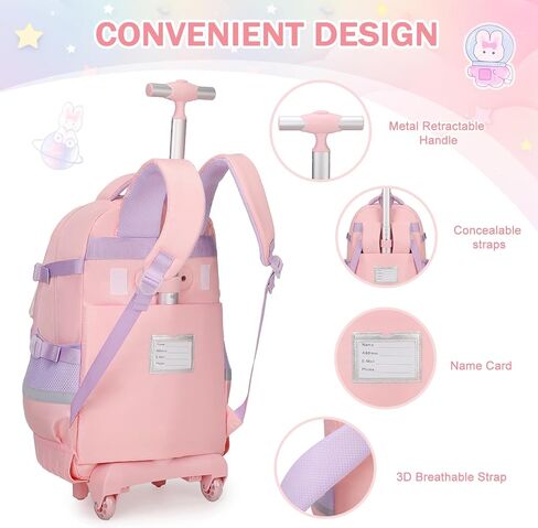 حقائب الظهر المتداول للفتيات ، حقائب الظهر Kawaii Bunny Roller Wheels مع علبة قلم رصاص حقيبة الغداء ، حقيبة الكتب ذات العجلات للسفر الابتدائية Aquamarine in Kuwait
