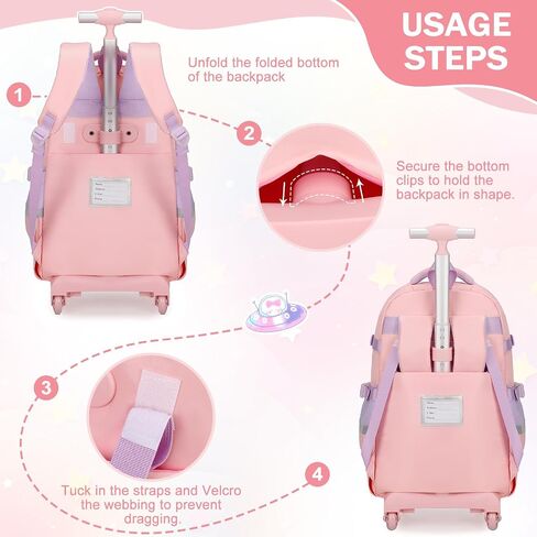 حقائب الظهر المتداول للفتيات ، حقائب الظهر Kawaii Bunny Roller Wheels مع علبة قلم رصاص حقيبة الغداء ، حقيبة الكتب ذات العجلات للسفر الابتدائية Aquamarine in Kuwait