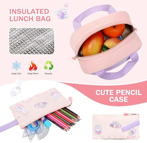 حقائب الظهر المتداول للفتيات ، حقائب الظهر Kawaii Bunny Roller Wheels مع علبة قلم رصاص حقيبة الغداء ، حقيبة الكتب ذات العجلات للسفر الابتدائية Aquamarine in Kuwait