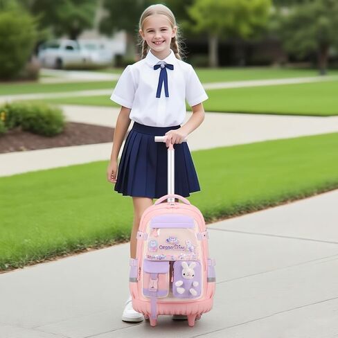 حقائب الظهر المتداول للفتيات ، حقائب الظهر Kawaii Bunny Roller Wheels مع علبة قلم رصاص حقيبة الغداء ، حقيبة الكتب ذات العجلات للسفر الابتدائية Aquamarine in Kuwait
