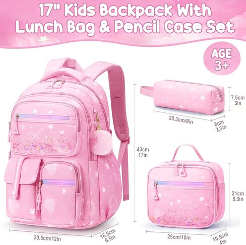 Fimibuke Backpack for Girls, 3 PCS Waterproof Kids Backpack with Lunch Box & Pencil Case Set, Cute Travel Bookbag School Bag for Kindergarten Elementary Middle High School Student Toddler Kids Teens in Kuwait