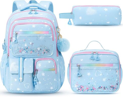 Fimibuke Backpack for Girls, 3 PCS Waterproof Kids Backpack with Lunch Box & Pencil Case Set, Cute Travel Bookbag School Bag for Kindergarten Elementary Middle High School Student Toddler Kids Teens in Kuwait