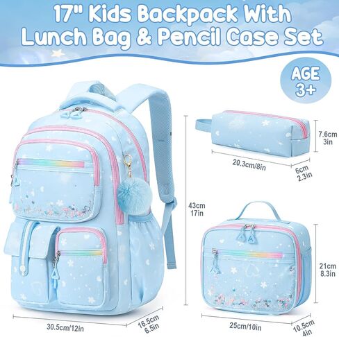 Fimibuke Backpack for Girls, 3 PCS Waterproof Kids Backpack with Lunch Box & Pencil Case Set, Cute Travel Bookbag School Bag for Kindergarten Elementary Middle High School Student Toddler Kids Teens in Kuwait
