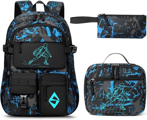 Fimibuke Backpack for School Boys, 3 PCS Cool Luminous Kids Backpacks with Lunch Box & Pencil Pouch, Toddler Teen Glow in The Dark Backpack Bookbag Schoolbag Set for Elementary to High School Students in Kuwait