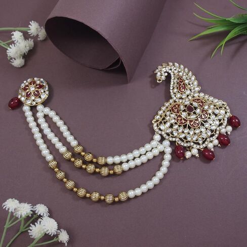 I Jewels Gold Plated Indian Wedding Bollywood Stone Pearl Work Safa Kalangi Brooch for Groom/Men/Dulha Pagadi in Kuwait