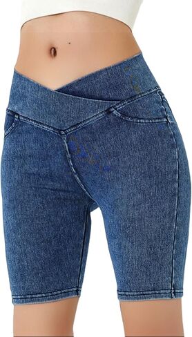 Girls Biker Shorts Crossover High Waist Jean Shorts Summer Bermuda Denim Pants with Pockets in Saudi Arabia