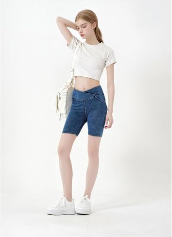 Girls Biker Shorts Crossover High Waist Jean Shorts Summer Bermuda Denim Pants with Pockets in Saudi Arabia