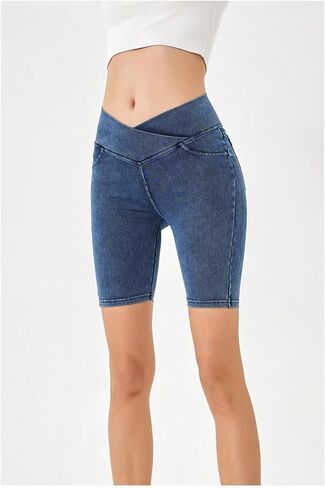 Girls Biker Shorts Crossover High Waist Jean Shorts Summer Bermuda Denim Pants with Pockets in Saudi Arabia