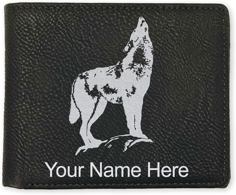 محفظة Lasergram Faux Leather Bi-Fold ، وذئب العواء ، ونقش مخصص (رمادي) in Kuwait