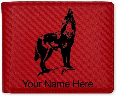محفظة Lasergram Faux Leather Bi-Fold ، وذئب العواء ، ونقش مخصص (رمادي) in Kuwait