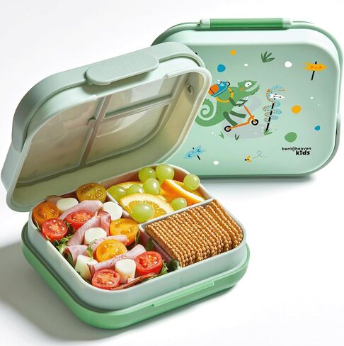 Bentoheaven Premium Bento Lunch Box for Kids, 9 Designs, Leak-proof 3-4 Compartments, Divider, Ideal size 30oz, Microwave/Dishwasher Safe Kids Bento Box (Loncheras Para Niños/Niñas)[Green] in Kuwait