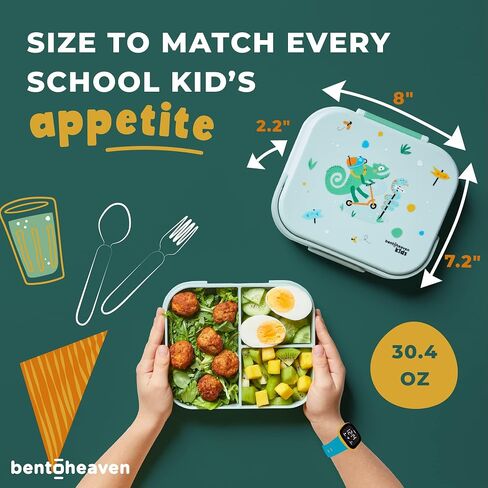 Bentoheaven Premium Bento Lunch Box for Kids, 9 Designs, Leak-proof 3-4 Compartments, Divider, Ideal size 30oz, Microwave/Dishwasher Safe Kids Bento Box (Loncheras Para Niños/Niñas)[Green] in Kuwait