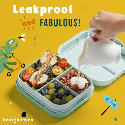Bentoheaven Premium Bento Lunch Box for Kids, 9 Designs, Leak-proof 3-4 Compartments, Divider, Ideal size 30oz, Microwave/Dishwasher Safe Kids Bento Box (Loncheras Para Niños/Niñas)[Green] in Kuwait