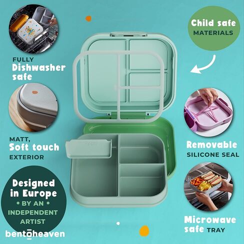 Bentoheaven Premium Bento Lunch Box for Kids, 9 Designs, Leak-proof 3-4 Compartments, Divider, Ideal size 30oz, Microwave/Dishwasher Safe Kids Bento Box (Loncheras Para Niños/Niñas)[Green] in Kuwait