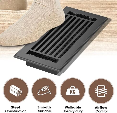 Floor Register 4x10 Vent Cover – 8 Pack – Heavy-Duty Steel, Rustproof & Walkable Grates, Easy Drop-in Install, Adjustable Air Supply Switch - Decorative Straight Line Design, Textured Black in Kuwait